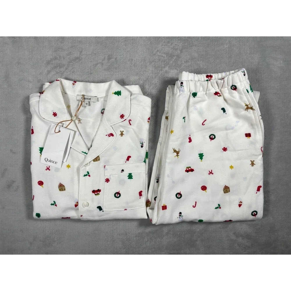 Quince Pajama Set Kids 12 White Christmas Holiday Print Button Up Sleepwear